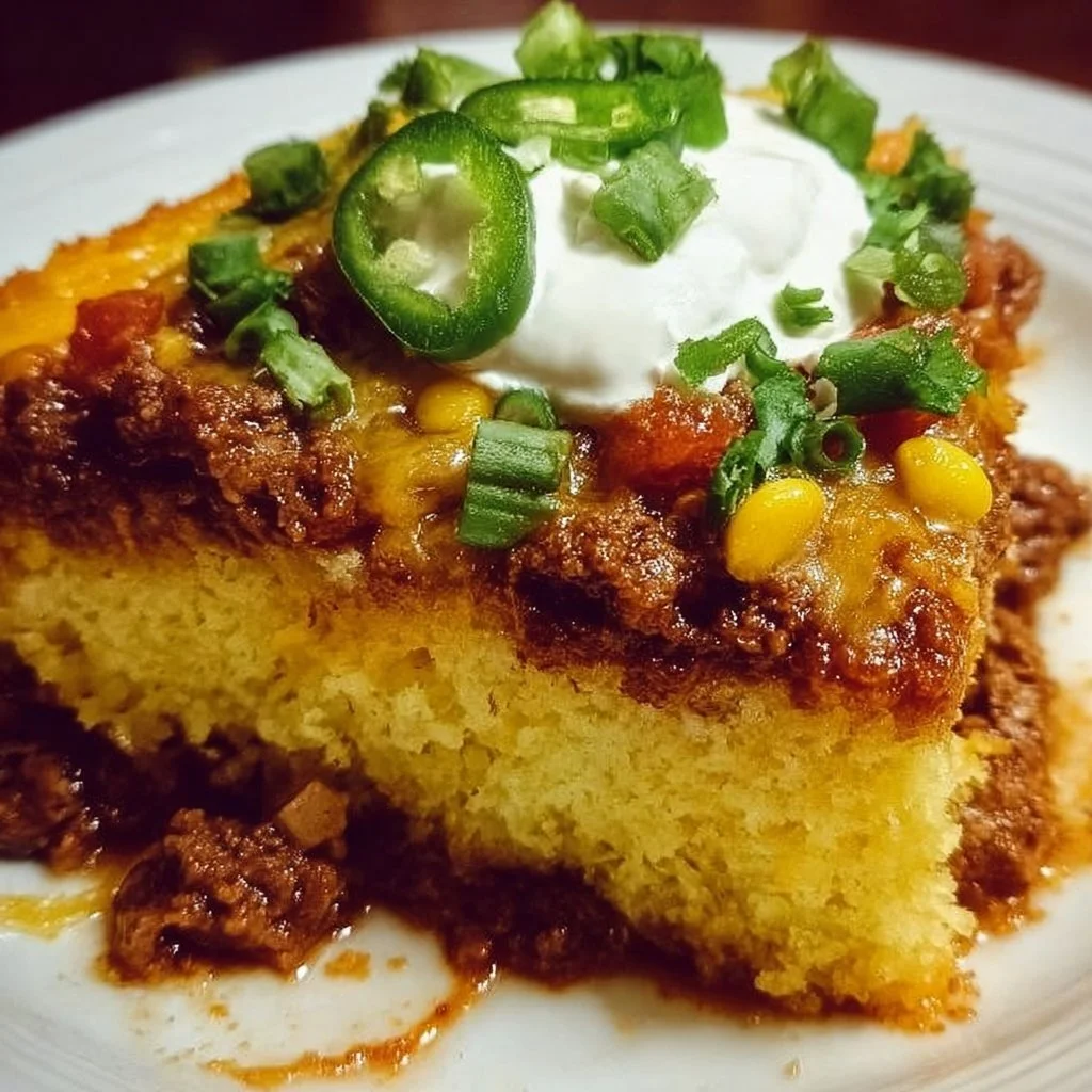 Delicious Texas Tamale Pie with cornbread crust and spiced beef filling