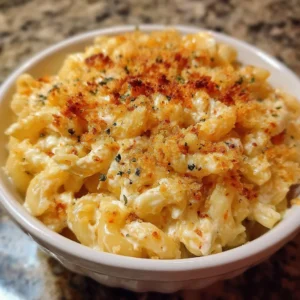 Creamy Boursin Mac and Cheese topped with herbs and cheese in a bowl
