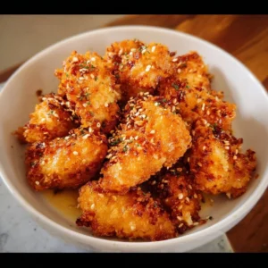 Crispy Air Fryer Bang Bang Chicken served with creamy sauce and garnished.
