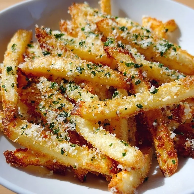 Delicious air fryer garlic parmesan fries topped with fresh herbs