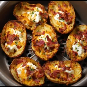 Delicious Air Fryer potato skins topped with cheese and green onions