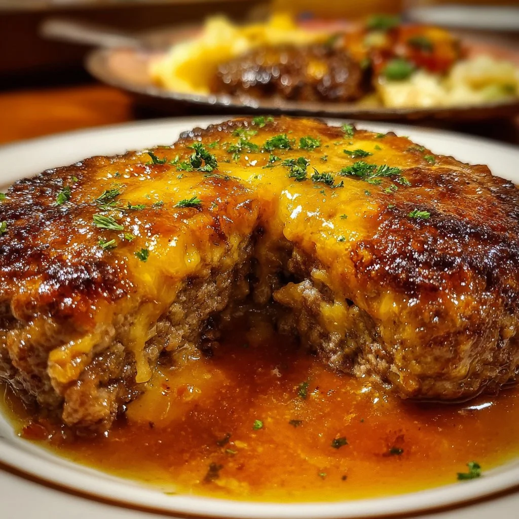 Amish Hamburger Steak Bake served on a plate with vegetables.
