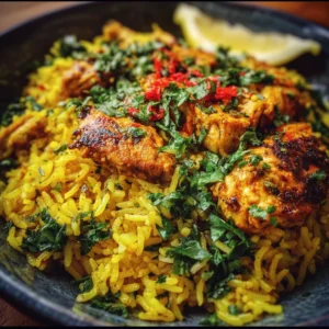 Plate of anti-inflammatory turmeric chicken served with rice and herbs