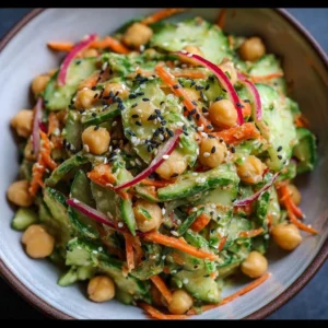 Asian Cucumber and Chickpea Slaw with Sesame Dressing 3 Asian cucumber and chickpea slaw with sesame dressing served in a bowl