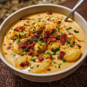 Bacon cheddar gnocchi soup bowl topped with crispy bacon and herbs
