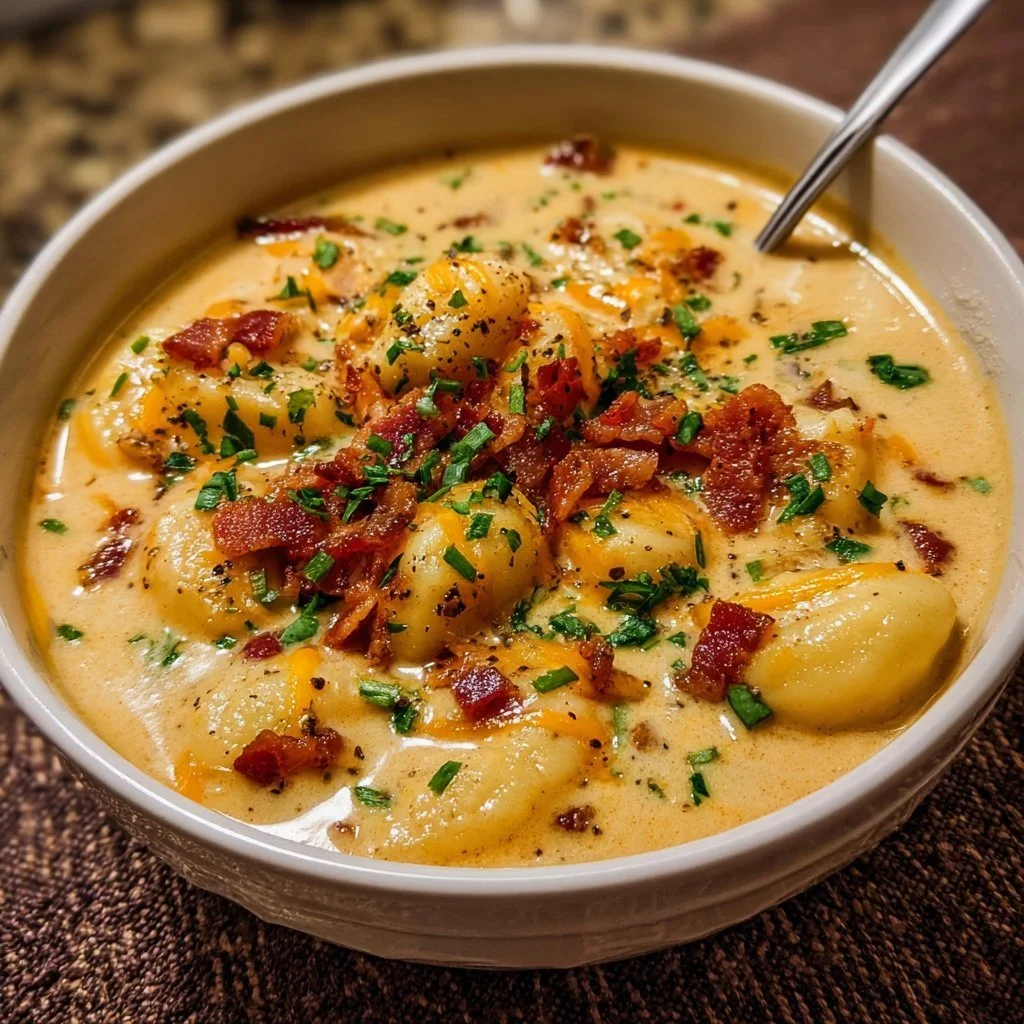 Bacon cheddar gnocchi soup bowl topped with crispy bacon and herbs
