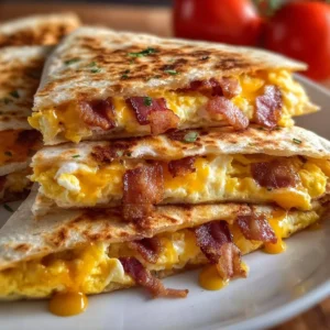 Bacon egg and cheese breakfast quesadillas on a plate.