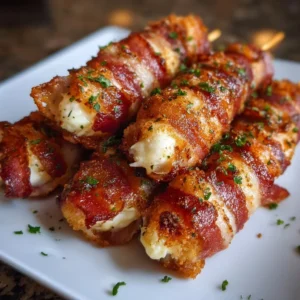 Bacon-wrapped mozzarella sticks served on a plate, garnished with dipping sauce.