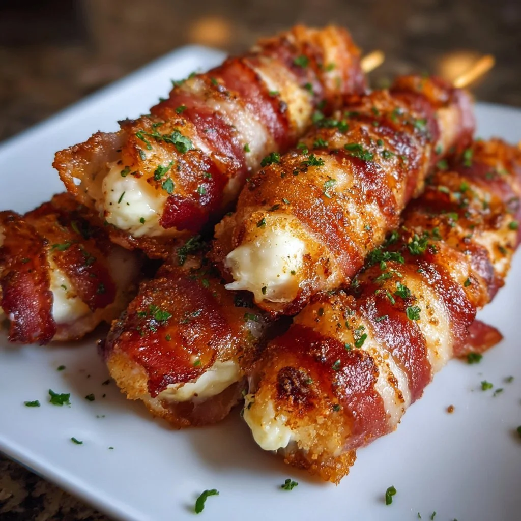 Bacon-wrapped mozzarella sticks served on a plate, garnished with dipping sauce.
