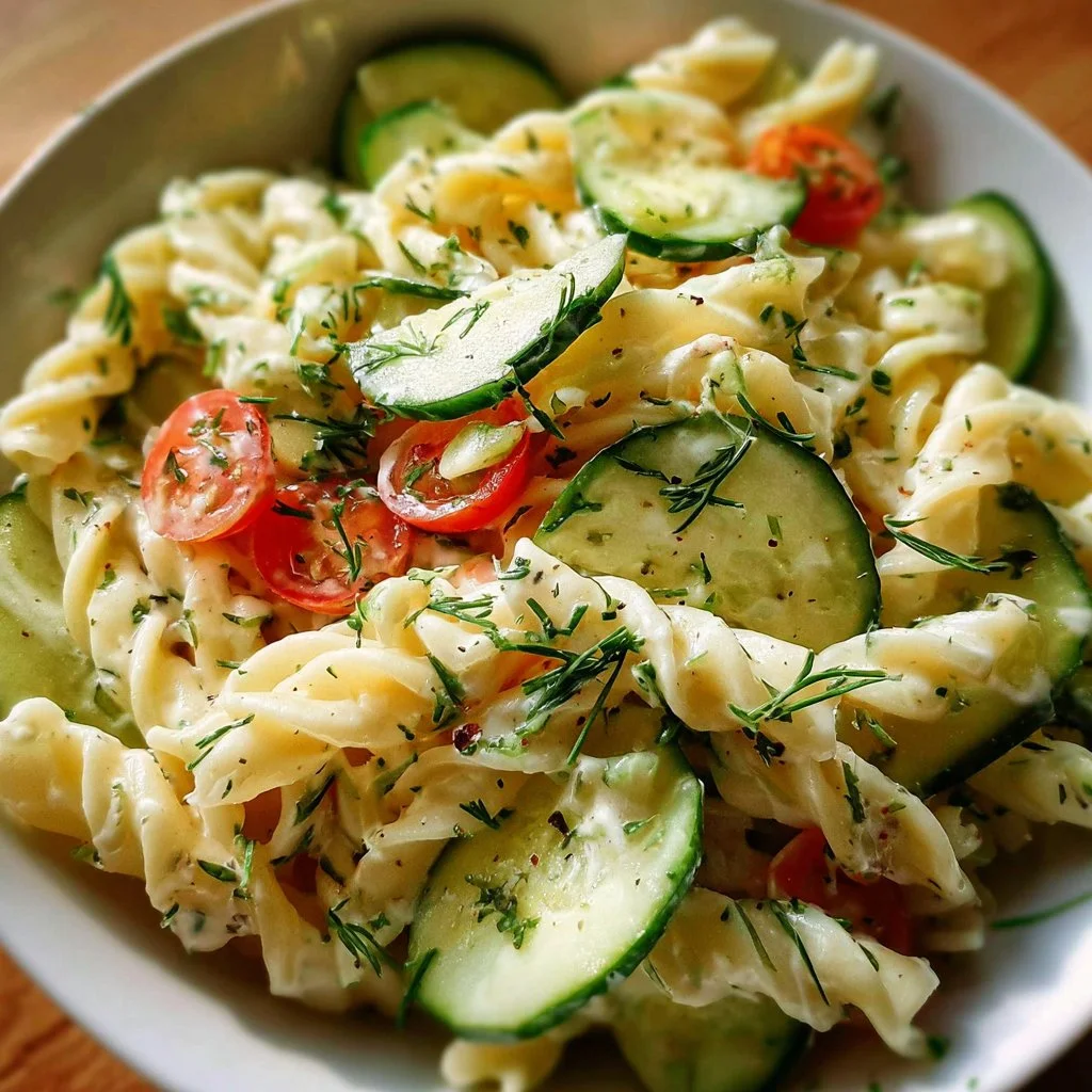 Bowl of fresh cucumber pasta salad with vibrant vegetables and herbs.