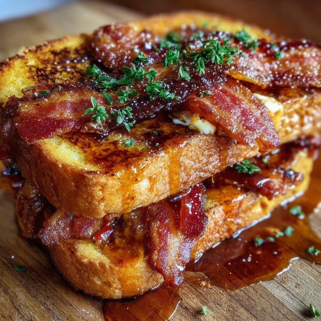Bourbon Maple Bacon Stuffed Toast garnished with fresh herbs