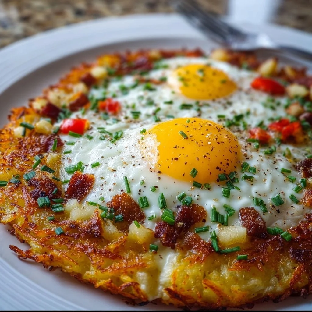 Breakfast pizza with hash brown crust topped with eggs and cheese