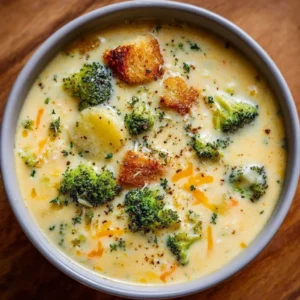 Creamy Broccoli Potato Cheese Soup in a bowl, garnished with fresh herbs.