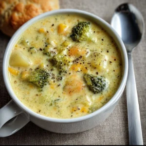 Bowl of creamy broccoli potato cheese soup topped with cheese and herbs
