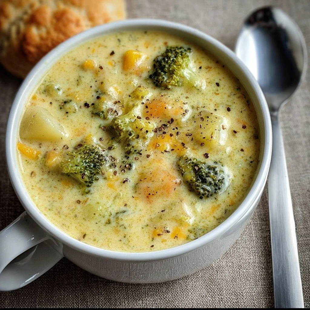 Bowl of creamy broccoli potato cheese soup topped with cheese and herbs