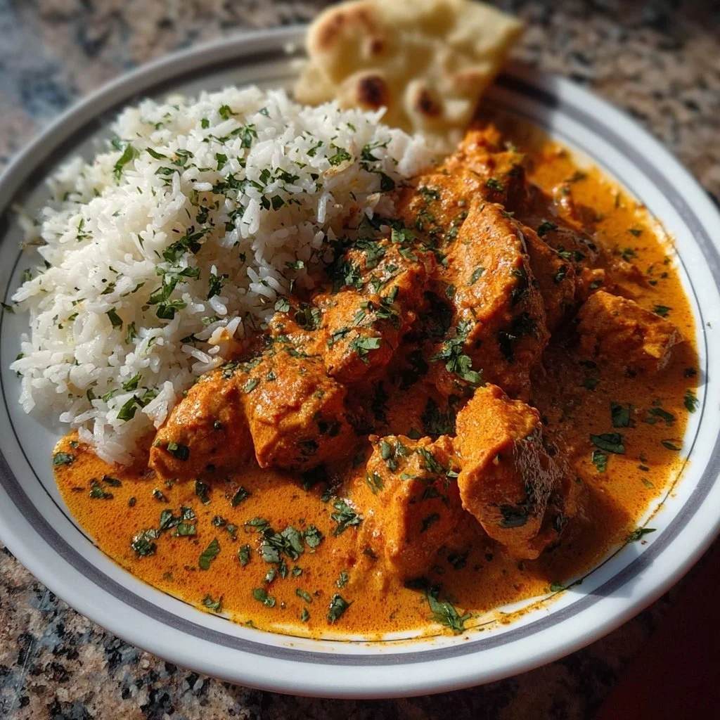 Delicious plate of butter chicken served with rice and naan