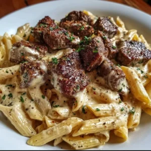 Cajun Steak Tips with Penne in Creamy Parmesan Cheese Sauce 3 Cajun steak tips with penne pasta in creamy Parmesan cheese sauce