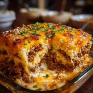 Delicious Cattle Drive Casserole topped with cheese and fresh herbs