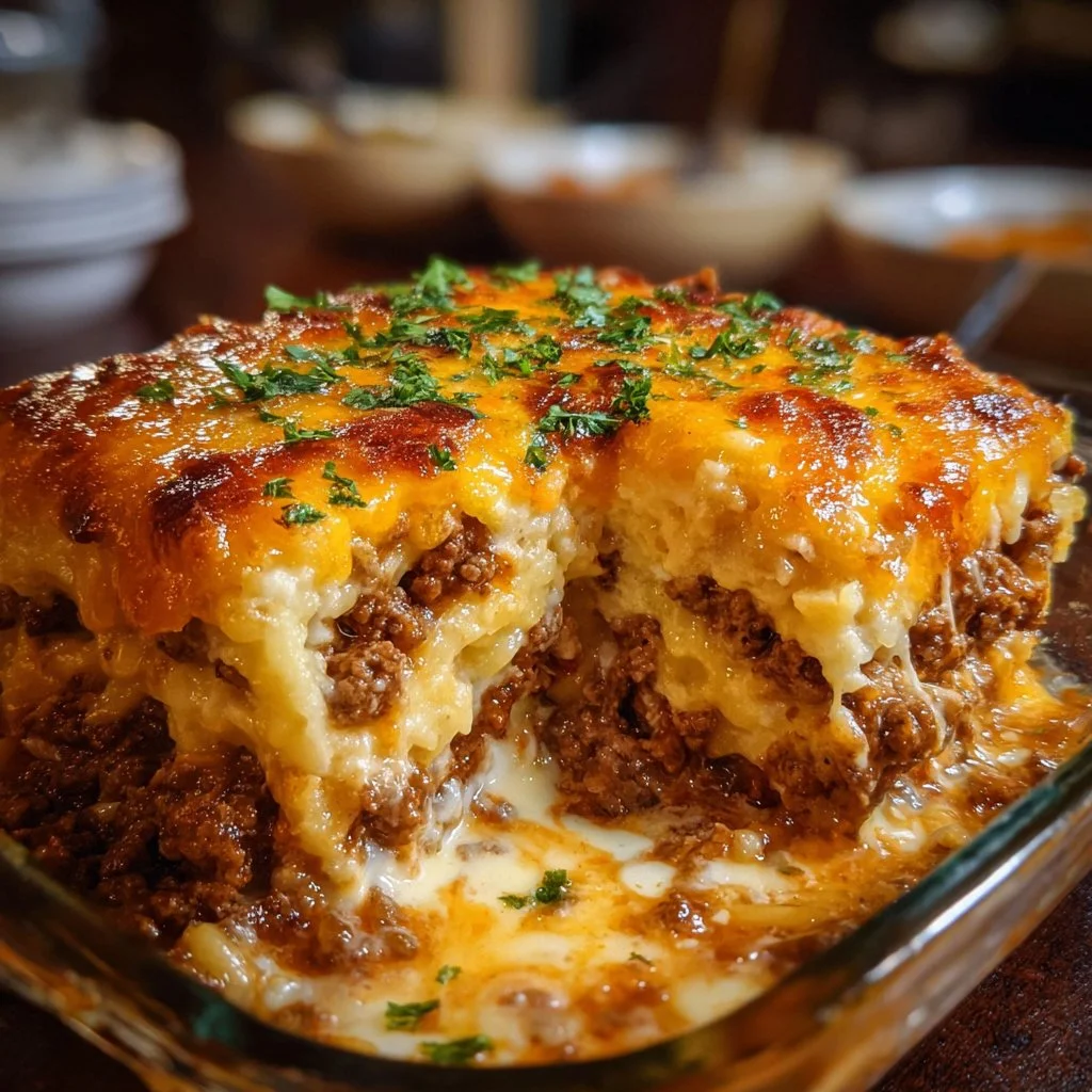 Delicious Cattle Drive Casserole topped with cheese and fresh herbs