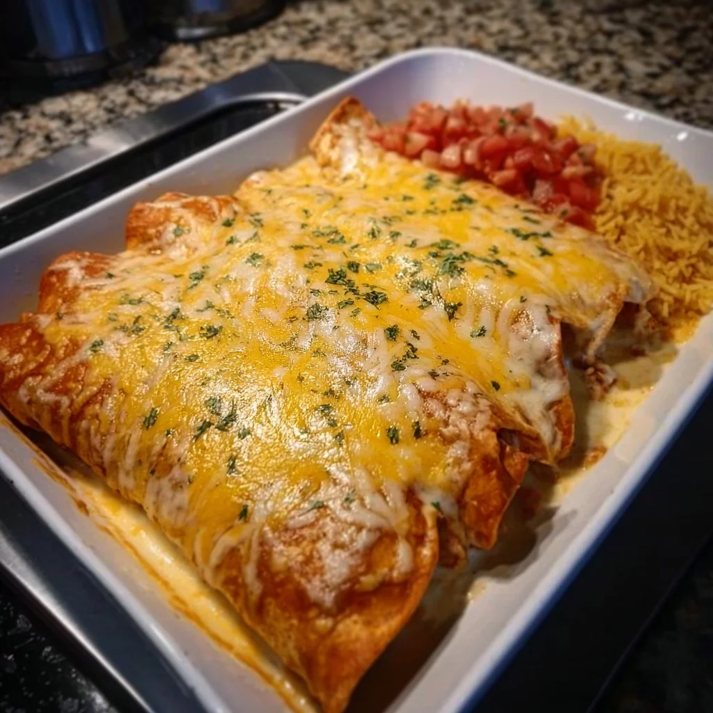 Cheese Chicken Enchiladas 1 Plate of cheese chicken enchiladas topped with melted cheese and green onions