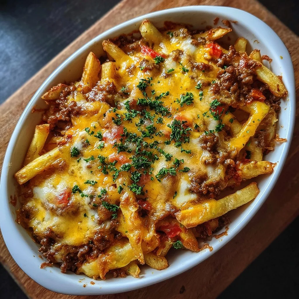 Cheeseburger casserole topped with crispy French fries on a serving plate.