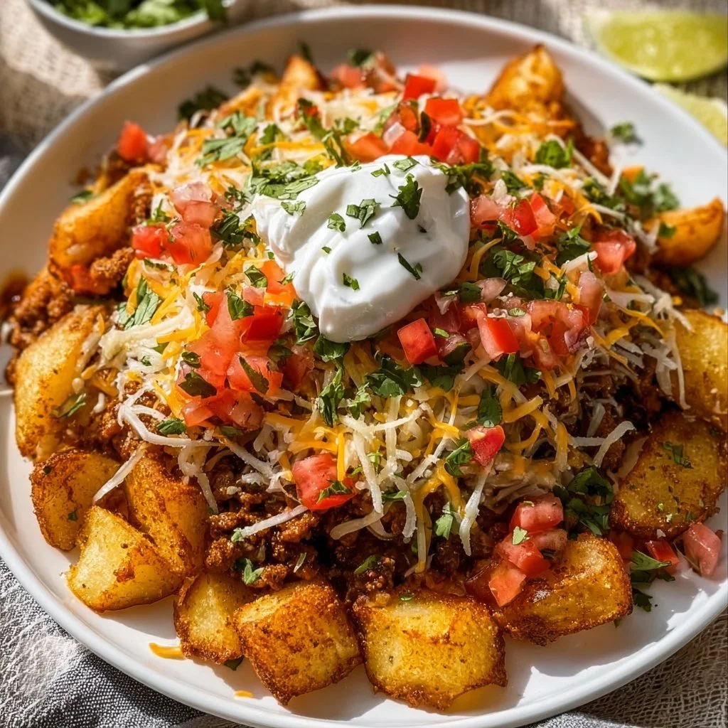 Delicious cheesy taco potatoes topped with melted cheese and spices.