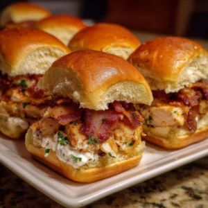 Chicken Bacon Ranch Sliders 3 Delicious Chicken Bacon Ranch Sliders on a platter ready to serve.