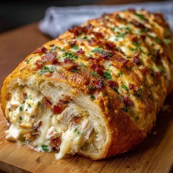 Delicious Chicken Bacon Ranch Stuffed Bread with crispy bacon and chicken filling