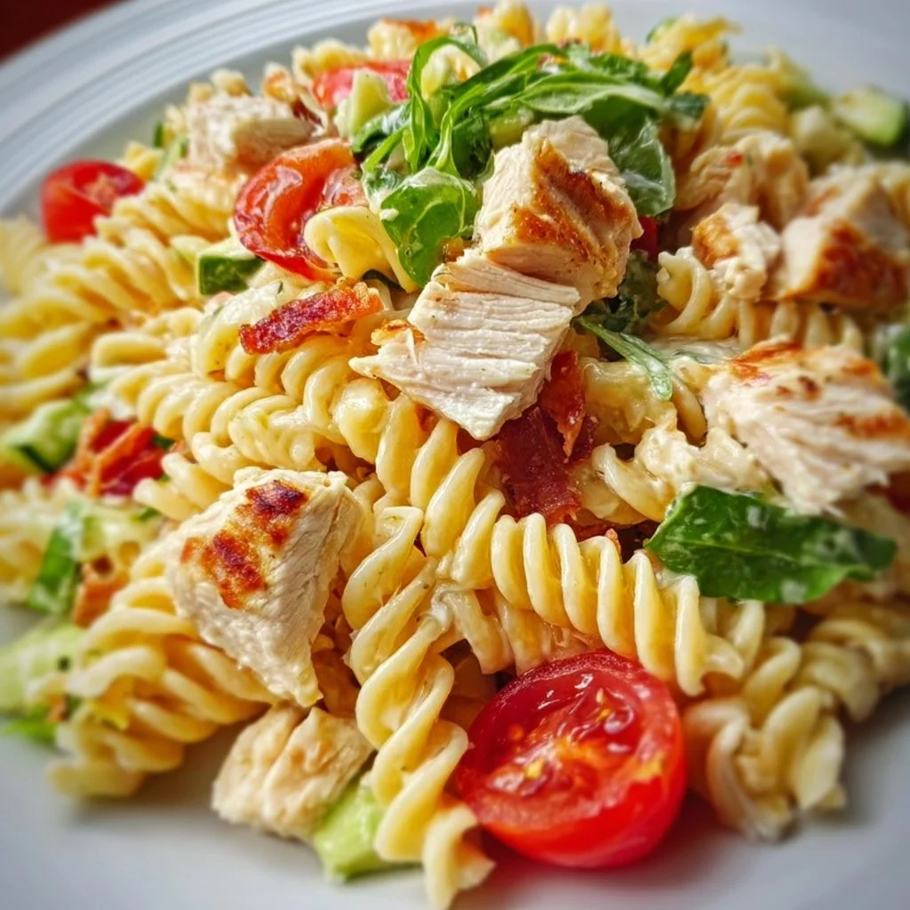 Delicious Chicken Club Pasta Salad with chicken, bacon, and fresh vegetables