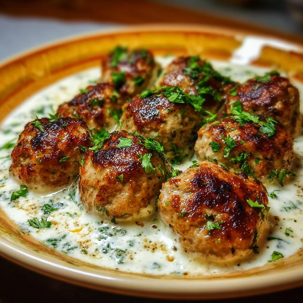 Chicken kofta with garlic yogurt sauce served on a plate