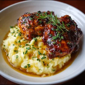 Chipotle Honey Chicken Thighs with Smoked Gouda Mashed Potatoes 3 Chipotle Honey Chicken thighs served with smoked Gouda mashed potatoes