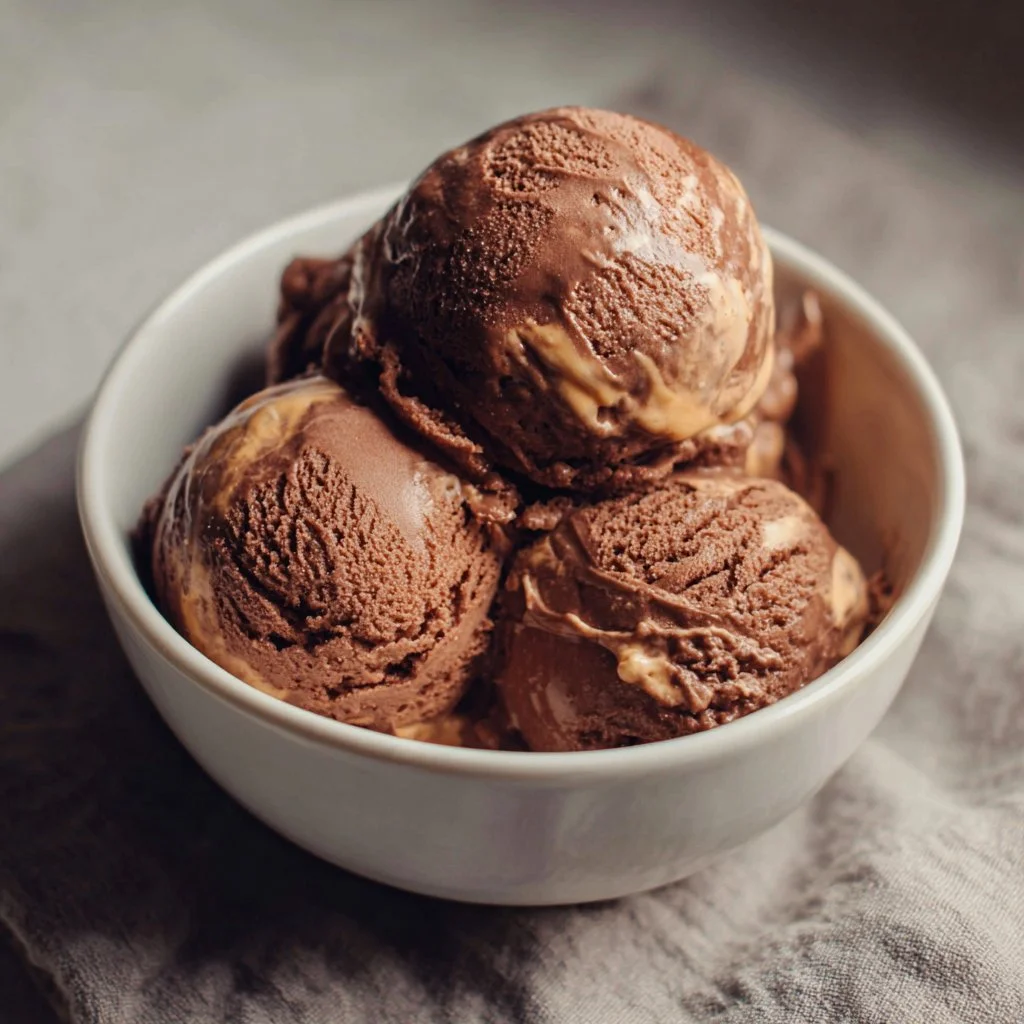 Delicious chocolate peanut butter ice cream in a bowl topped with chocolate sauce