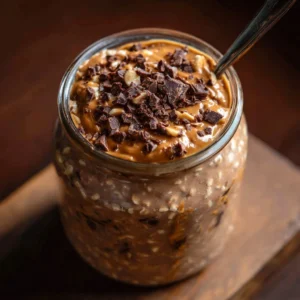 Bowl of chocolate peanut butter overnight oats topped with sliced banana and chocolate chips