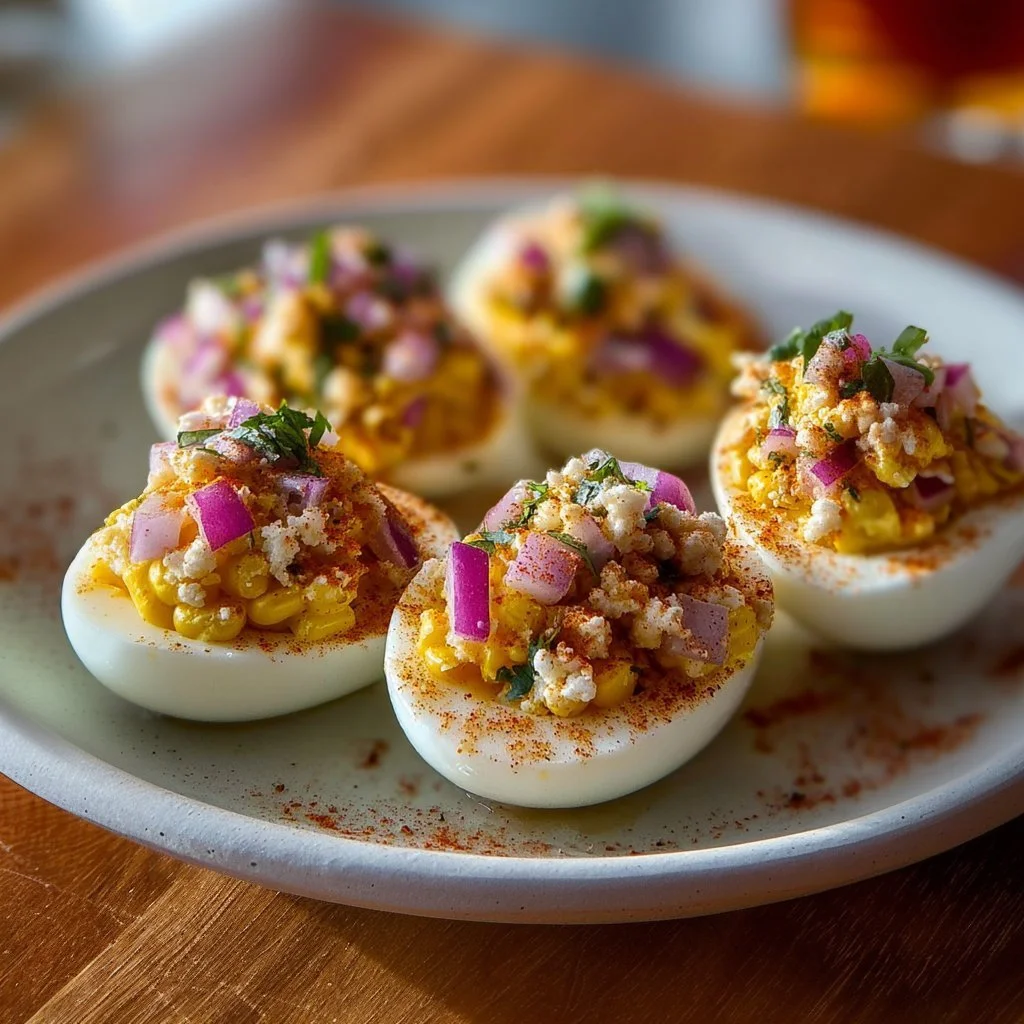 Corn Elote Deviled Eggs garnished with chili and cilantro