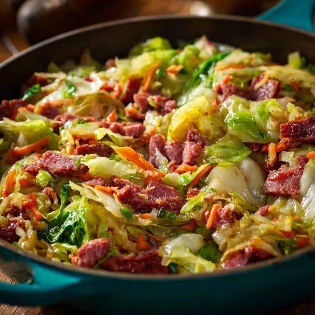 Delicious Corned Beef and Cabbage Skillet dish garnished with herbs
