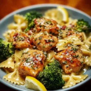 Cowboy Butter Lemon Bowtie Chicken served with broccoli on a plate