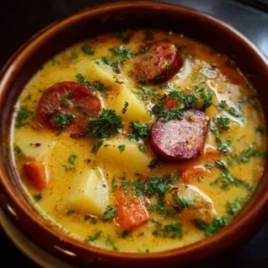 Bowl of cozy Kielbasa potato soup topped with herbs and served with bread.