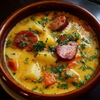 Bowl of cozy Kielbasa potato soup topped with herbs and served with bread.