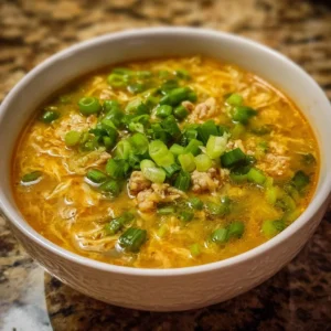 A bowl of cozy egg roll soup with green onions and ginger, garnished with sesame seeds.