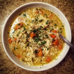 Bowl of Crack Chicken and Rice Soup garnished with herbs