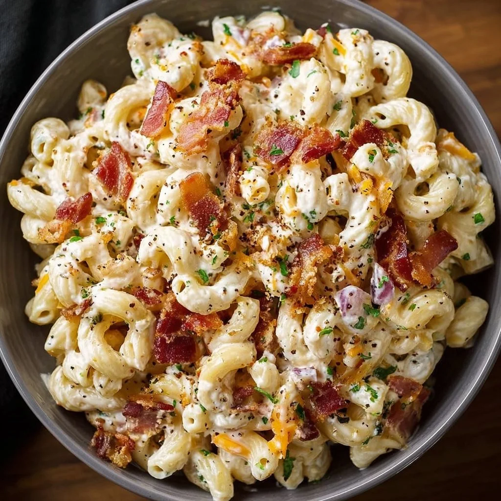 Creamy Bacon Cheddar Ranch Pasta Salad with ingredients in a bowl