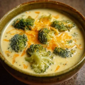 Creamy broccoli cheddar soup served in a bowl with fresh broccoli garnish.