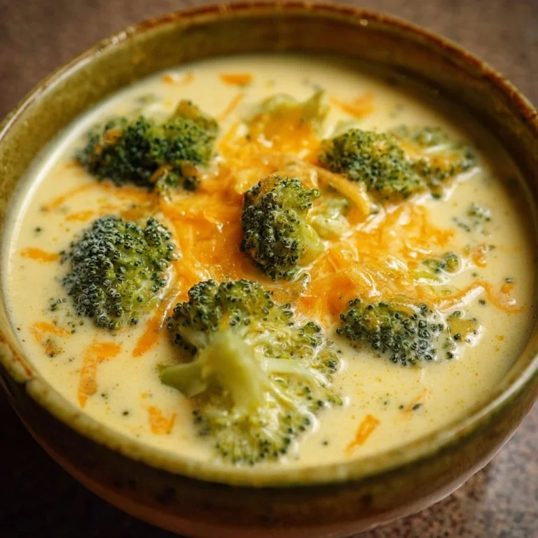 Creamy broccoli cheddar soup served in a bowl with fresh broccoli garnish.