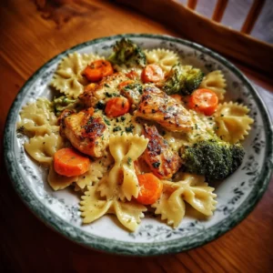 Creamy Cheddar Havarti chicken bowtie pasta with roasted vegetables in a bowl