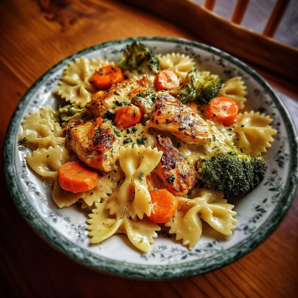 Creamy Cheddar Havarti chicken bowtie pasta with roasted vegetables in a bowl