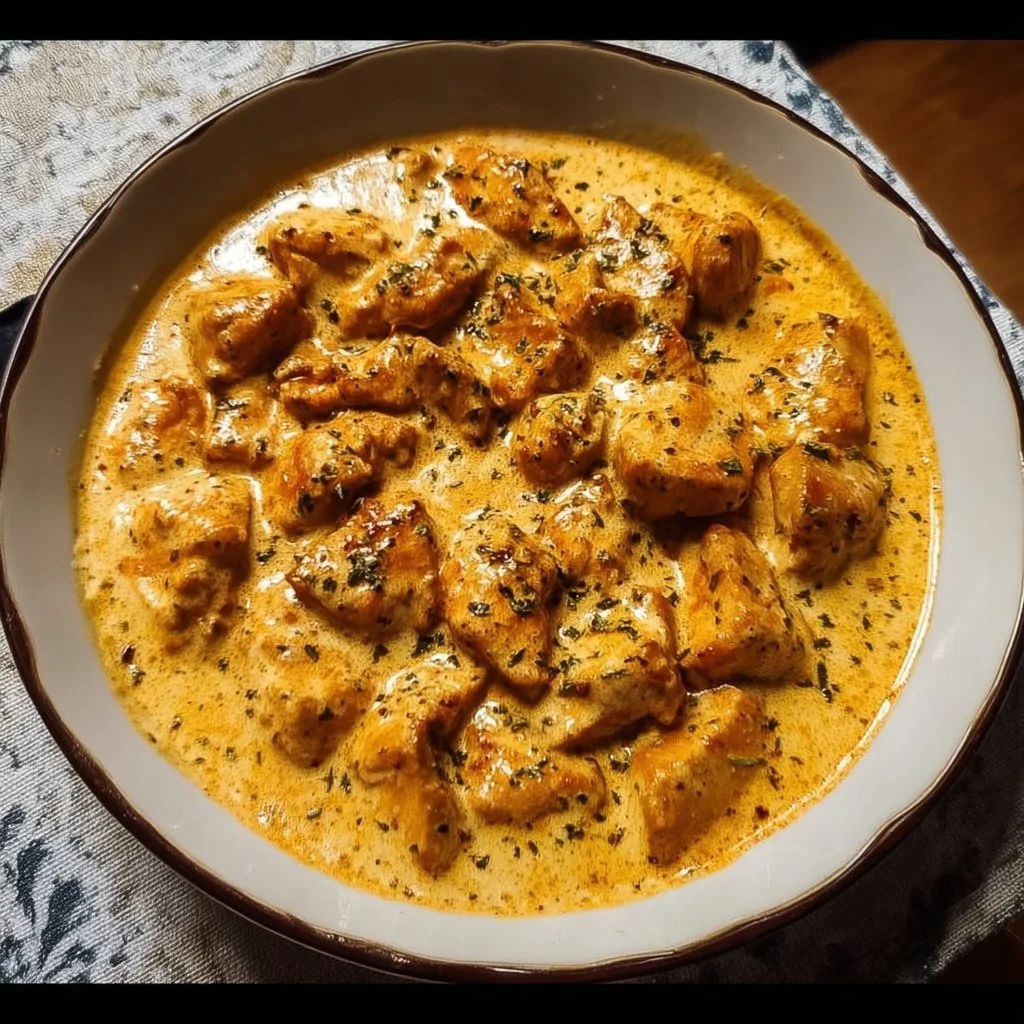 Creamy cowboy butter chicken served in a bowl with herbs and spices.