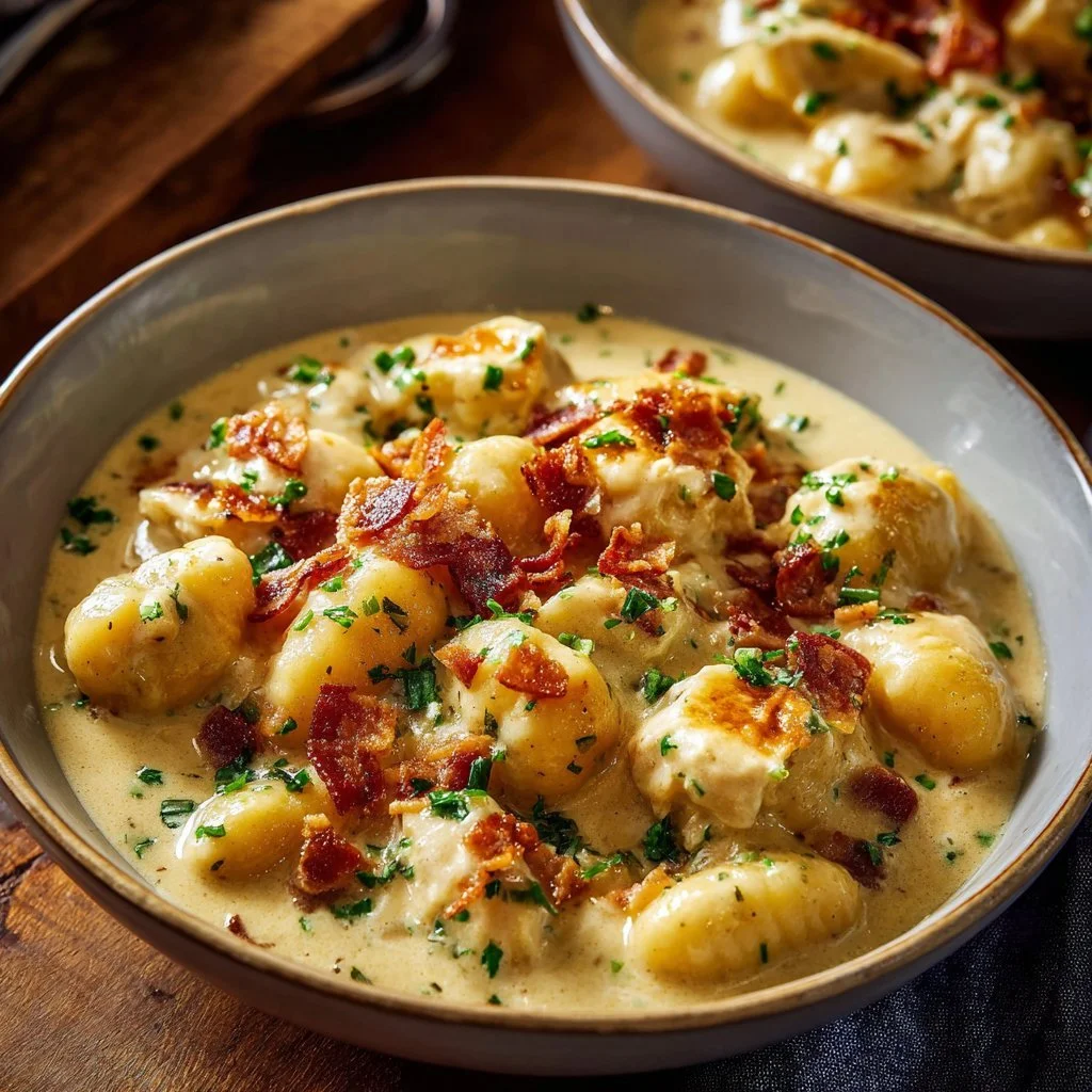 Creamy Crack Chicken Gnocchi in a bowl topped with herbs