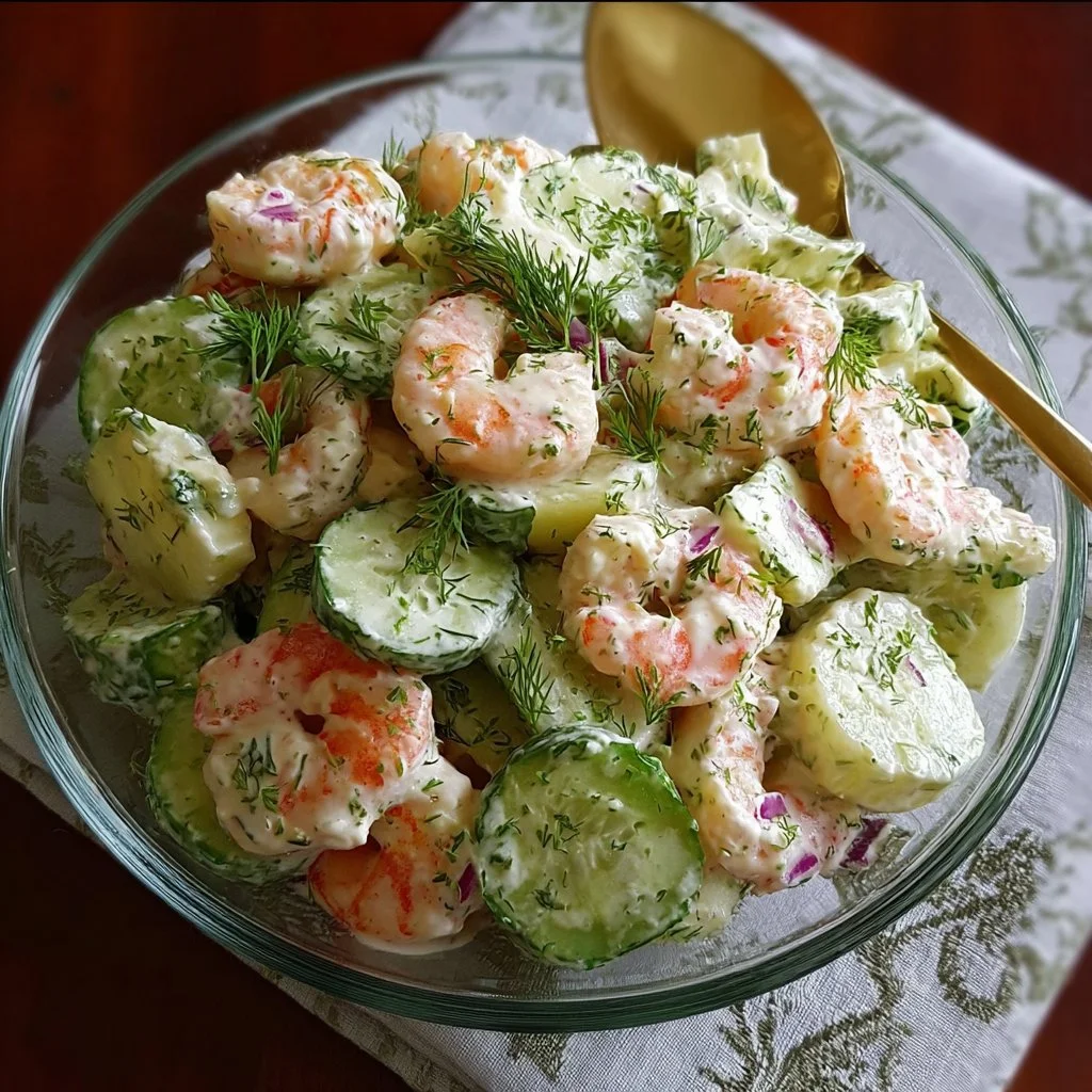 Creamy Cucumber Shrimp Salad 1 Creamy Cucumber Shrimp Salad in a bowl with fresh ingredients
