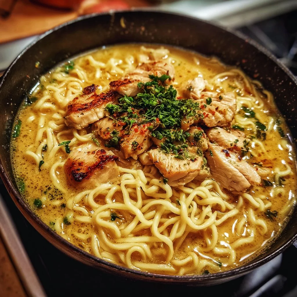 Creamy garlic chicken ramen served in a bowl with fresh vegetables and herbs.