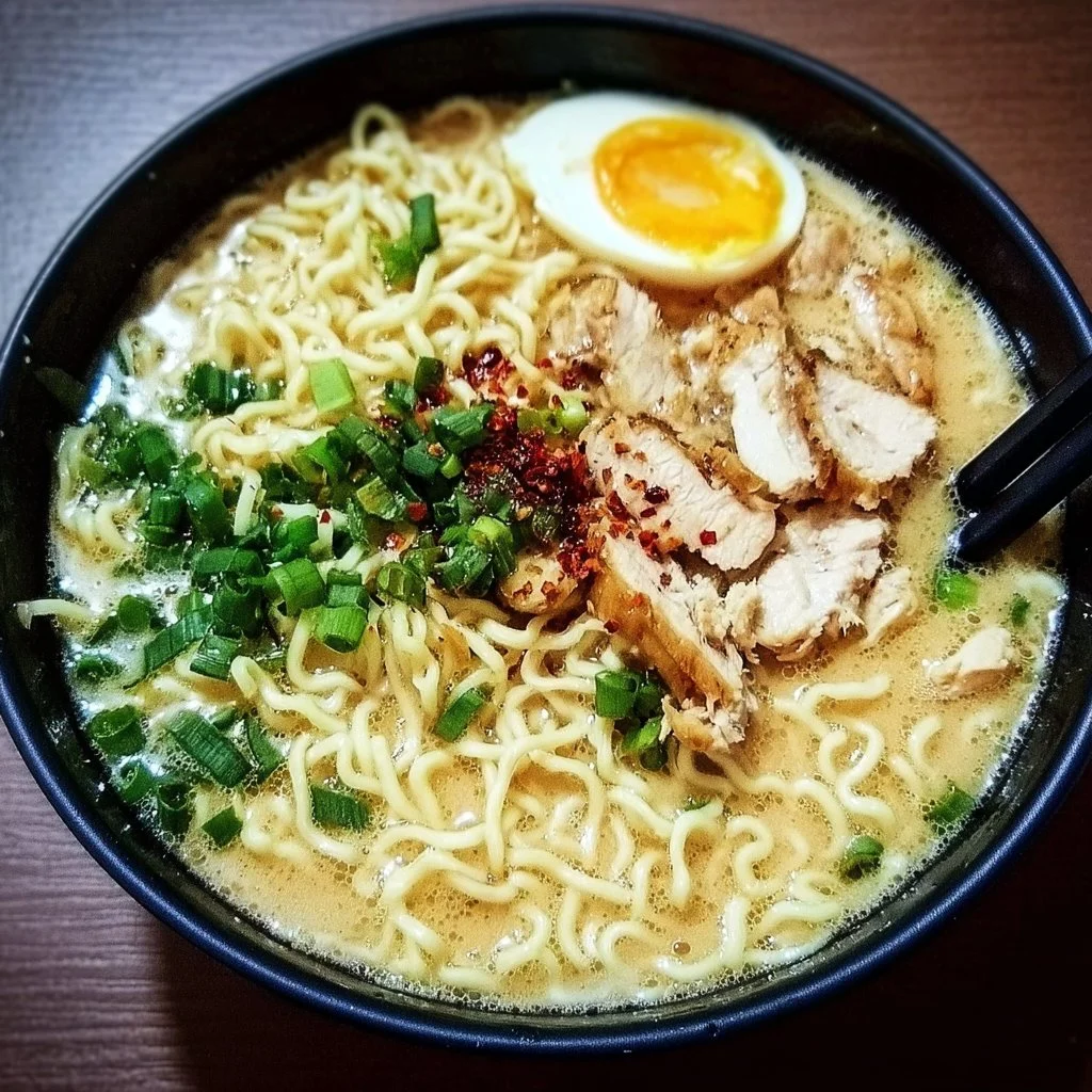 Creamy Garlic Chicken Ramen 1 Delicious creamy garlic chicken ramen in a bowl topped with herbs and spices.